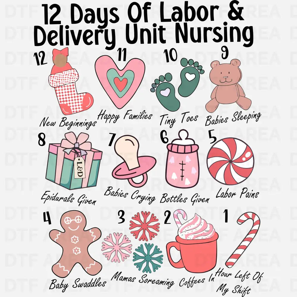 12 Days Of Labor and Delivery Nurse Christmas DTF Transfer Ready To Press