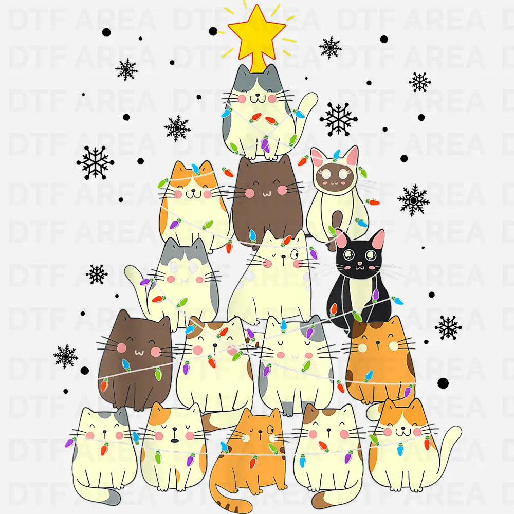 Christmas Cat Tree Shirt, Cute Cat Lover Xmas Tee DTF Transfer Ready To Press