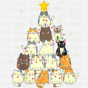 Christmas Cat Tree Shirt, Cute Cat Lover Xmas Tee DTF Transfer Ready To Press