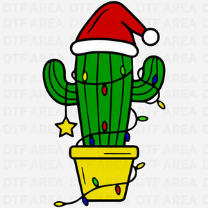 Funny Christmas Cactus Lights T-Shirt, Cactus Santa Hat Tee DTF Transfer Ready To Press