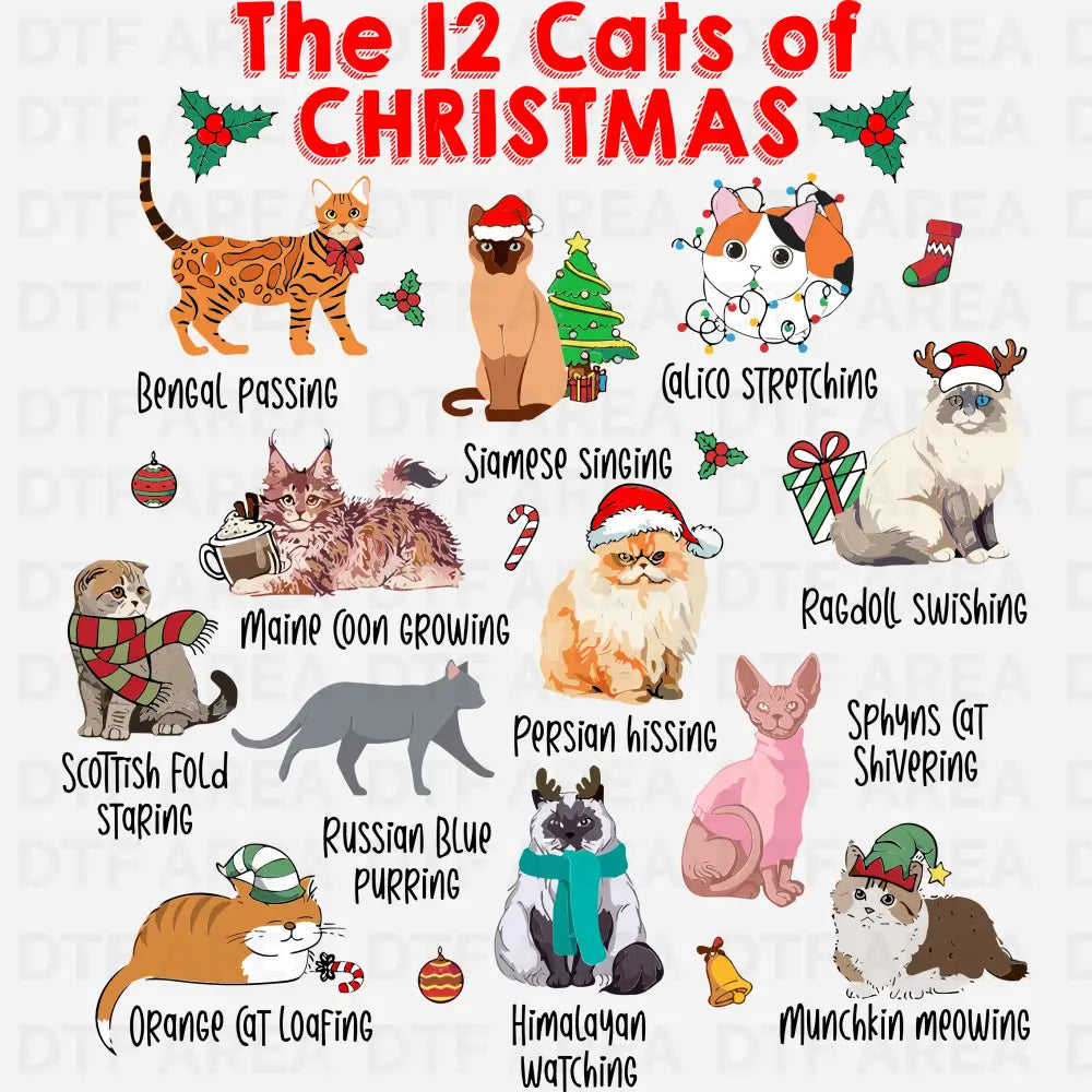 The 12 Cats of Christmas Shirt DTF Transfer Ready To Press