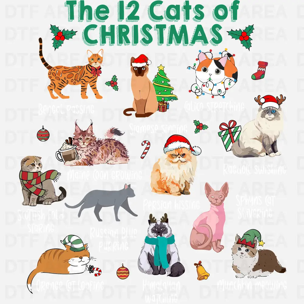 The 12 Cats of Christmas Shirt DTF Transfer Ready To Press